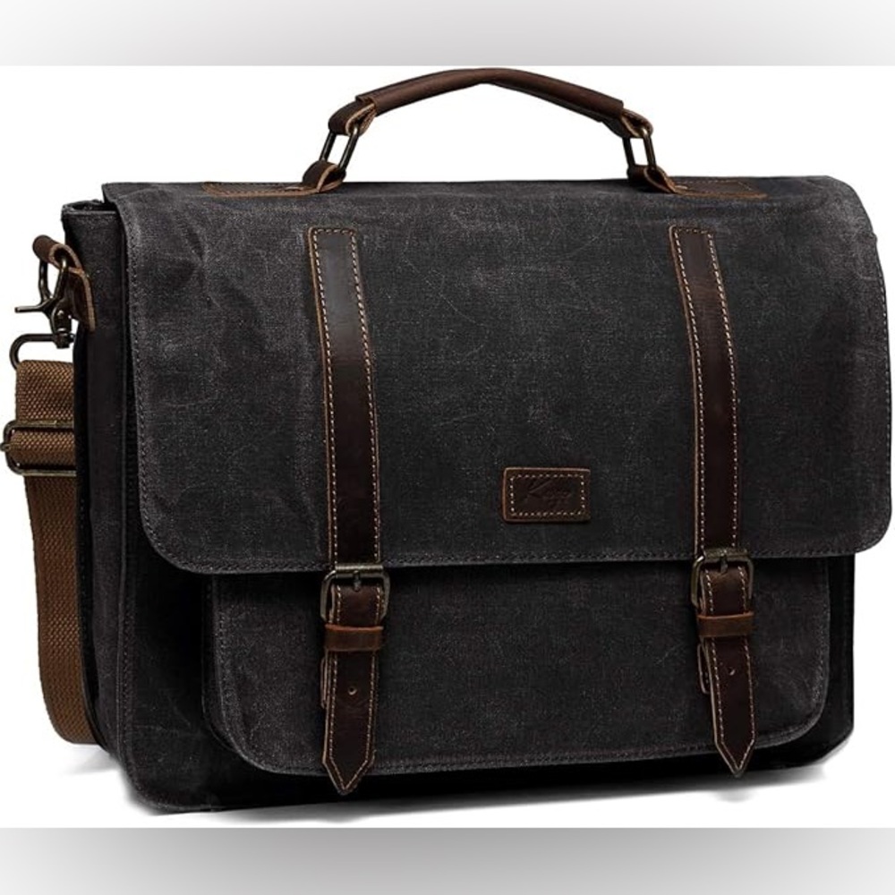 Kasqo Messenger Mens Vintage Waxed Canvas Water-Resistant Laptop Briefcase Bag
